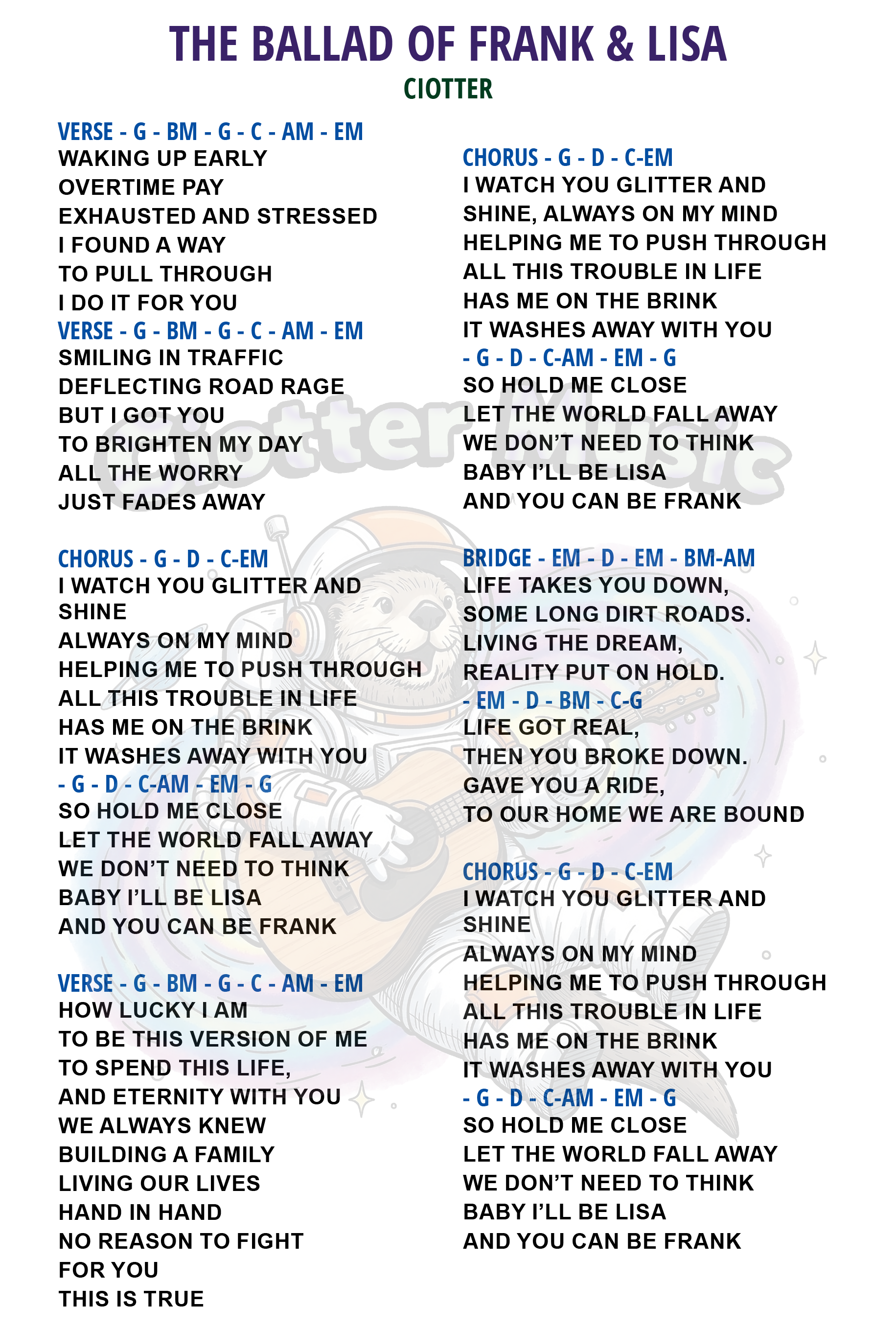 The Ballad of Frank and Lisa Song Sheet