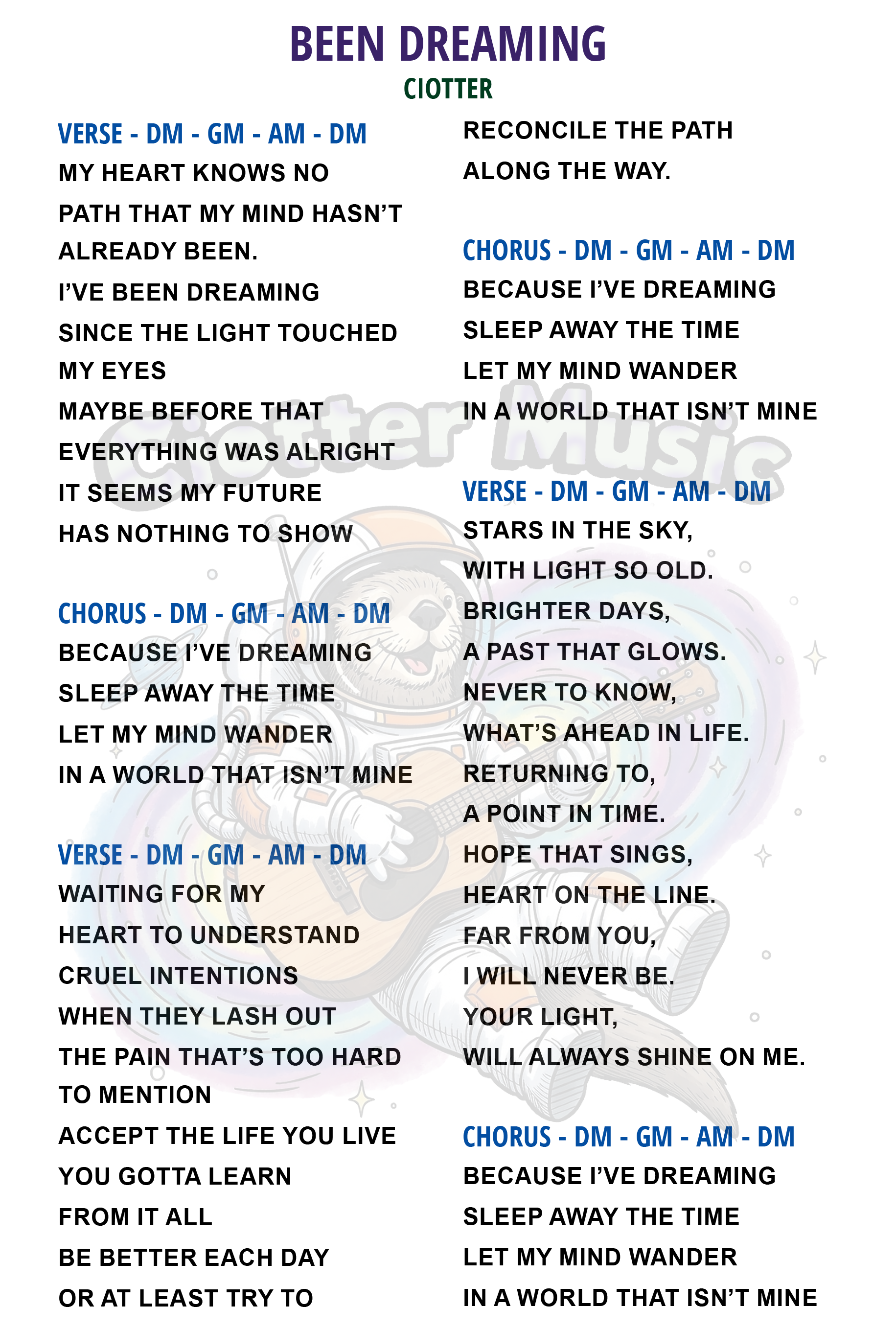 Been Dreaming Song Sheet