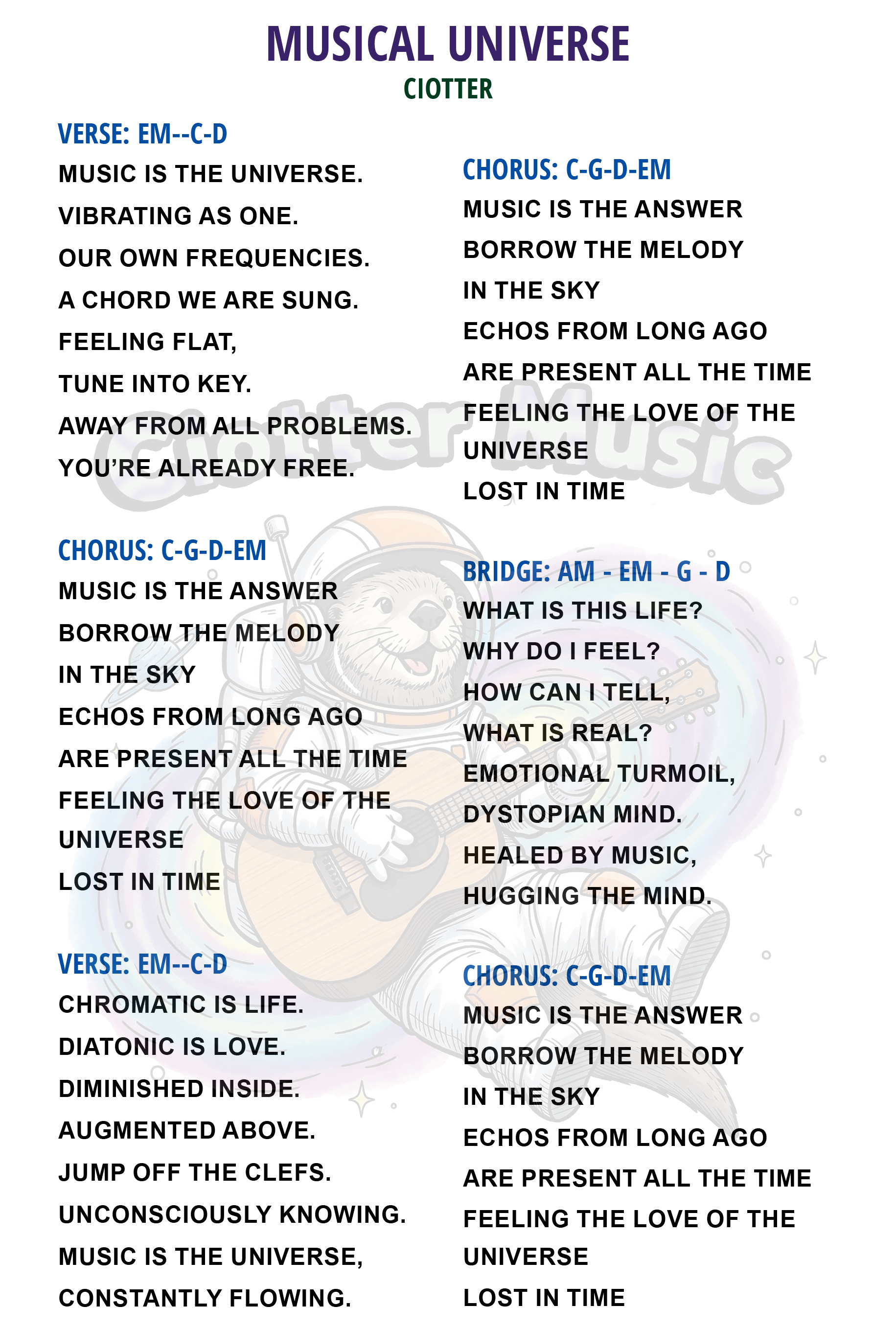 Musical Universe Song Sheet